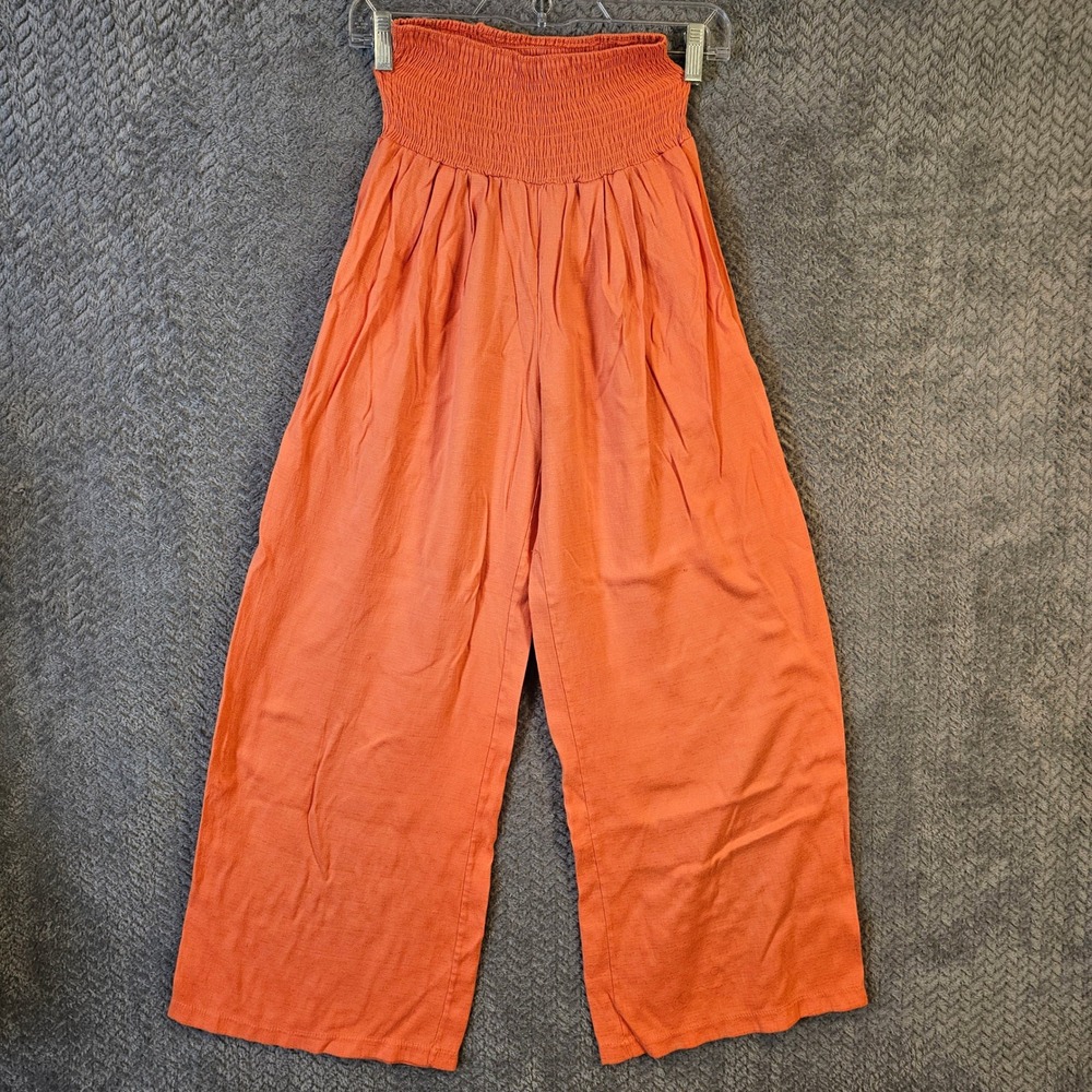Womens Boho Flowy Orange Smocked High Waist Wide Leg Pants L Tangerine Festival